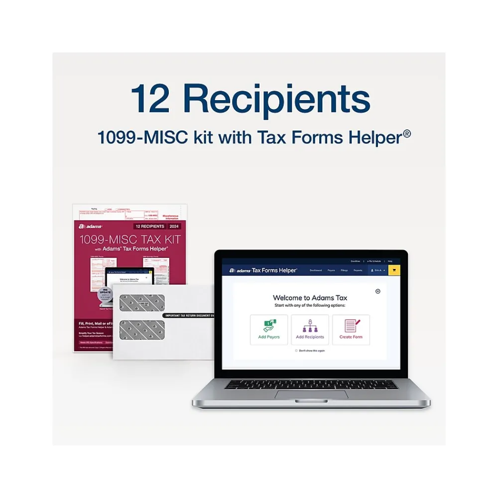 Tax Forms*Adams 2024 1099-MISC Tax Form with Self-Seal Envelopes and Tax Forms Helper, 4-Part, 2-Up, Copy A, 1, B, 2, 12/Pack
