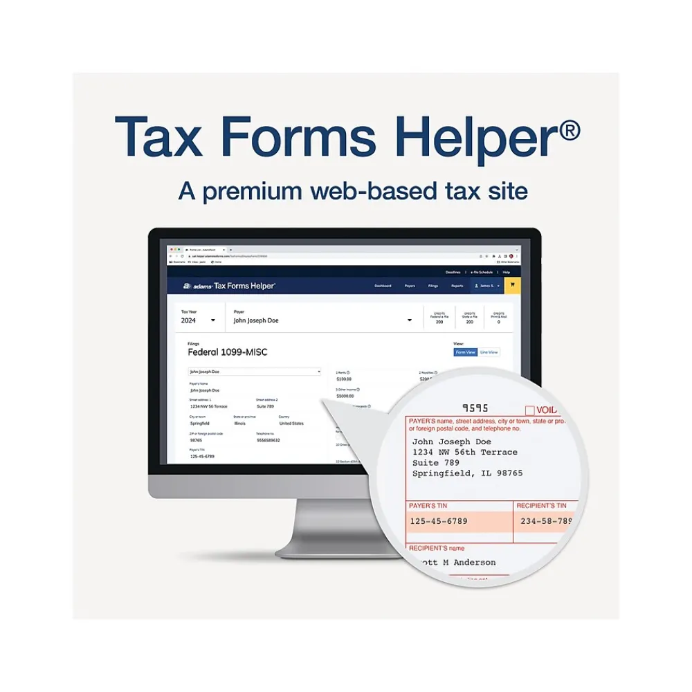 Tax Forms*Adams 2024 1099-MISC Tax Form with e-files and Access to Tax Forms Helper, 4-Part, 2-Up, Copy A, 1, B, 2, 24/Pack