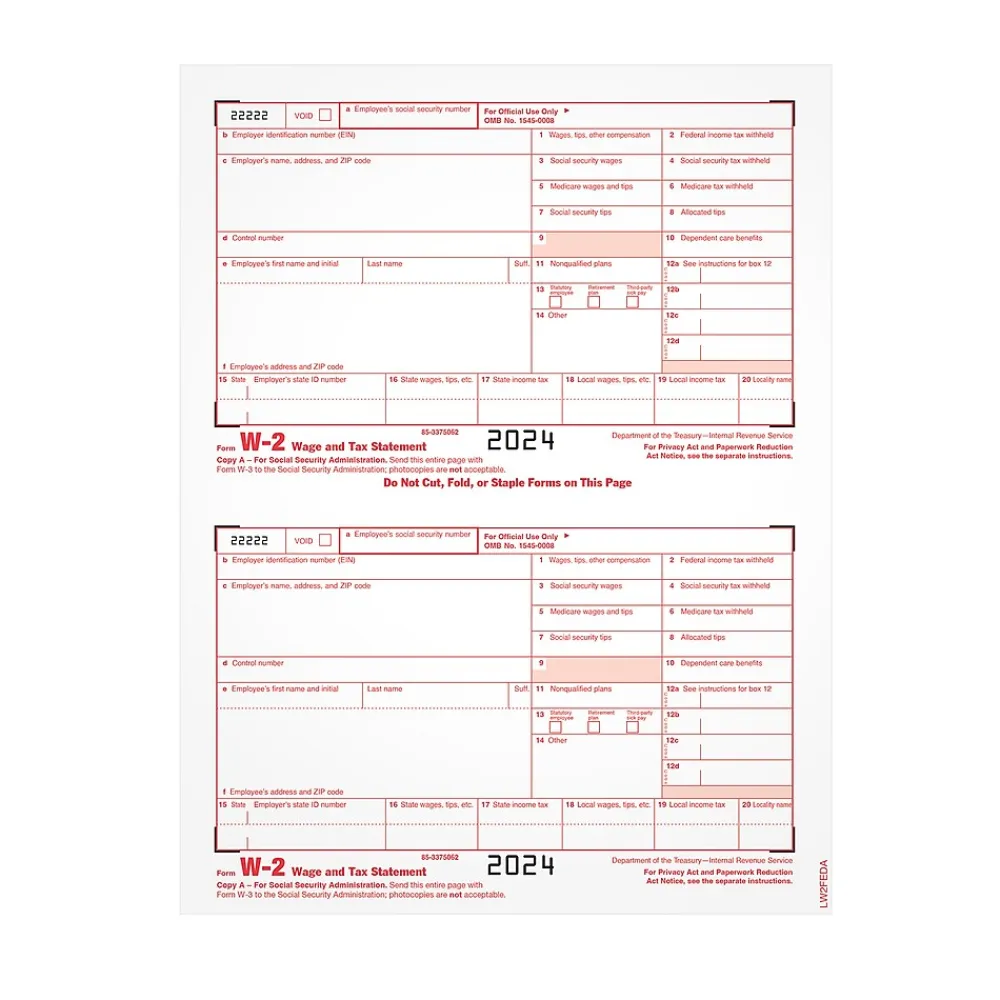 Tax Forms*Adams 2024 W-2 1-Part Copy A Laser/Inkject Tax Forms, 100/pack (LW2FEDAW3)