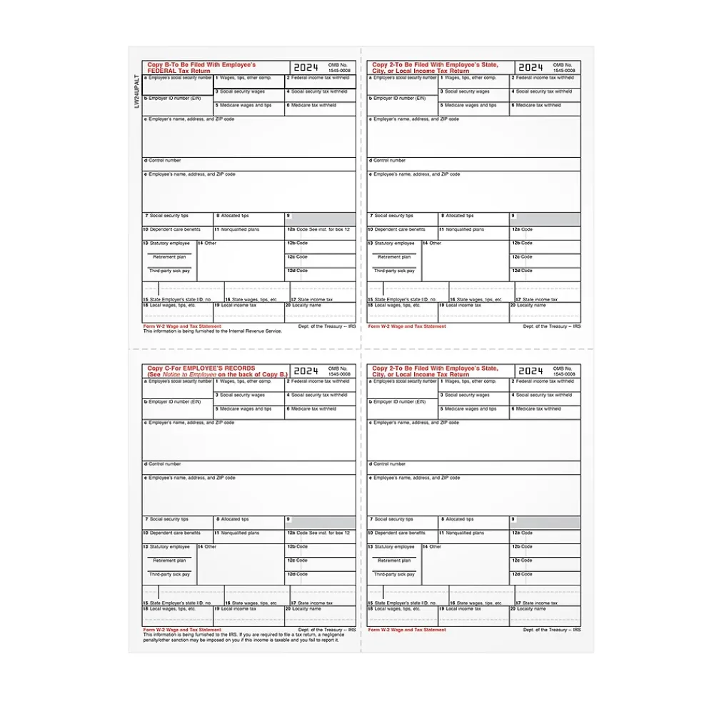 Tax Forms*Adams 2024 W-2 4-up Employee Copy Cut Sheet, 100 sheets/pack (LW24UPALT100)