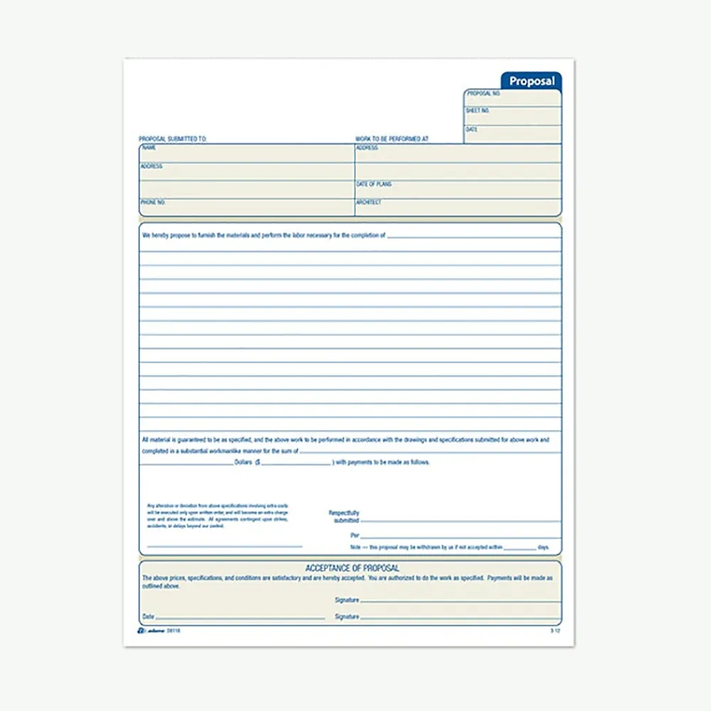 Business Forms*Adams 2-part carbonless Proposal Book, 8 3/8" x 11 7/16", 25 Sets/Book (D8118)