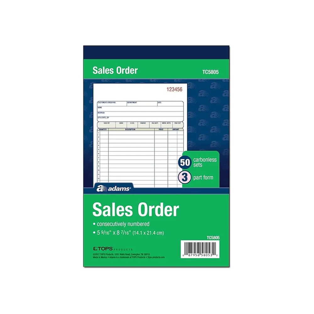 Business Forms*Adams 3-Part Carbonless Sales Orders, 8.44"L x 5.56"W, 50 Sets/Book (TC5805)