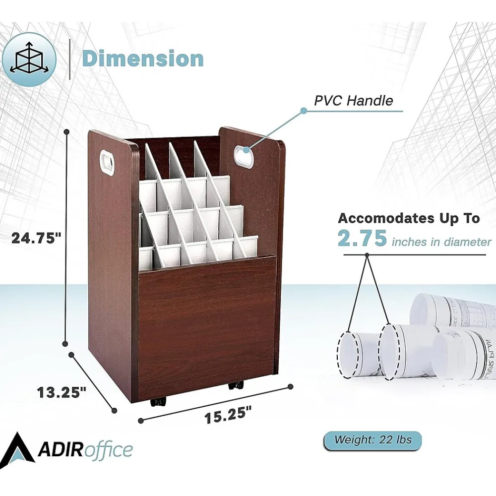 File Cabinets*AdirOffice 20-Slot Mobile Roll File, Lockable, 24.75"H x 15.25"W x 13.25"D, Mahogany (624-MA-KIT1)