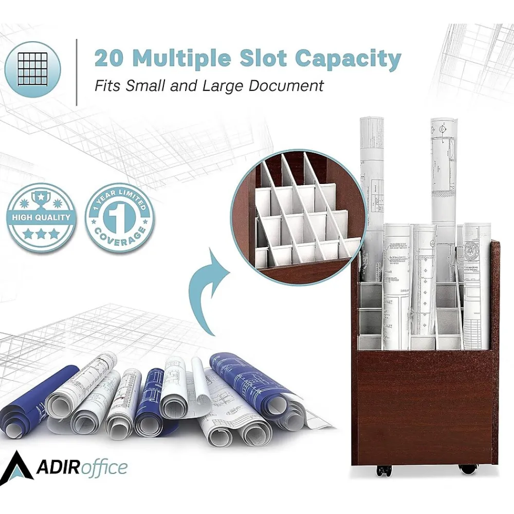 File Cabinets*AdirOffice 20-Slot Mobile Roll File, Lockable, 24.75"H x 15.25"W x 13.25"D, Mahogany (624-MA-KIT1)