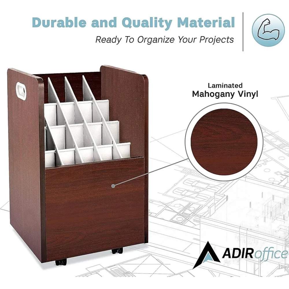 File Cabinets*AdirOffice 20-Slot Mobile Roll File, Lockable, 24.75"H x 15.25"W x 13.25"D, Mahogany (624-MA-KIT1)