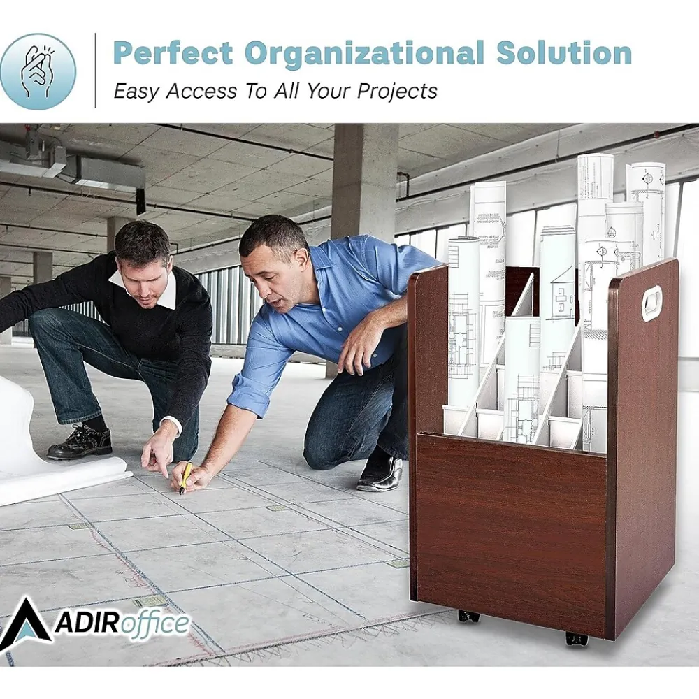 File Cabinets*AdirOffice 20-Slot Mobile Roll File, Lockable, 24.75"H x 15.25"W x 13.25"D, Mahogany (624-MA-KIT1)