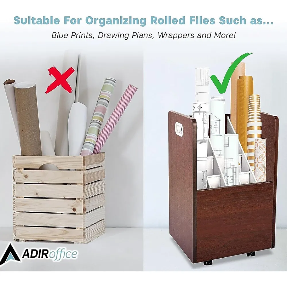 File Cabinets*AdirOffice 20-Slot Mobile Roll File, Lockable, 24.75"H x 15.25"W x 13.25"D, Mahogany (624-MA-KIT1)