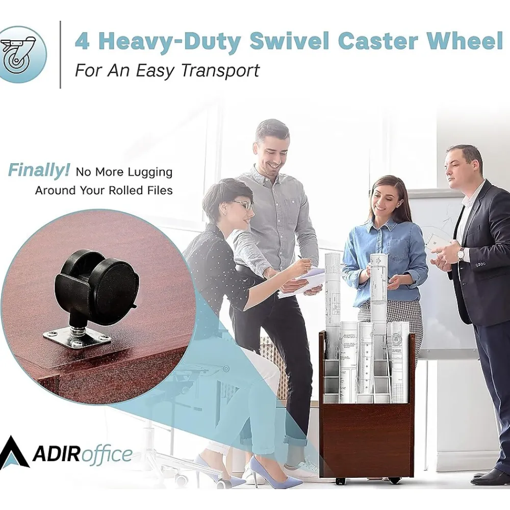 File Cabinets*AdirOffice 20-Slot Mobile Roll File, Lockable, 24.75"H x 15.25"W x 13.25"D, Mahogany (624-MA-KIT1)