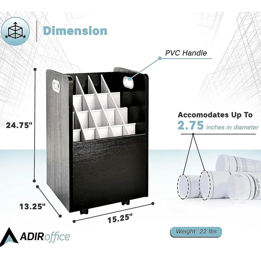 File Cabinets*AdirOffice 20-Slot Mobile Roll File, Lockable, 24.75"H x 15.25"W x 13.25"D, Black (624-BLK-KIT1)