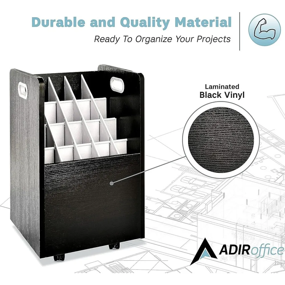 File Cabinets*AdirOffice 20-Slot Mobile Roll File, Lockable, 24.75"H x 15.25"W x 13.25"D, Black (624-BLK-KIT1)