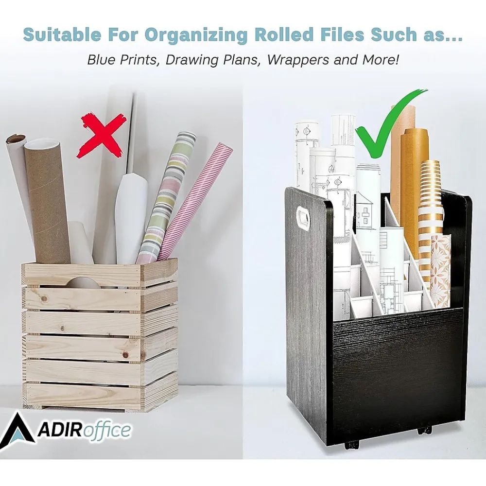 File Cabinets*AdirOffice 20-Slot Mobile Roll File, Lockable, 24.75"H x 15.25"W x 13.25"D, Black (624-BLK-KIT1)