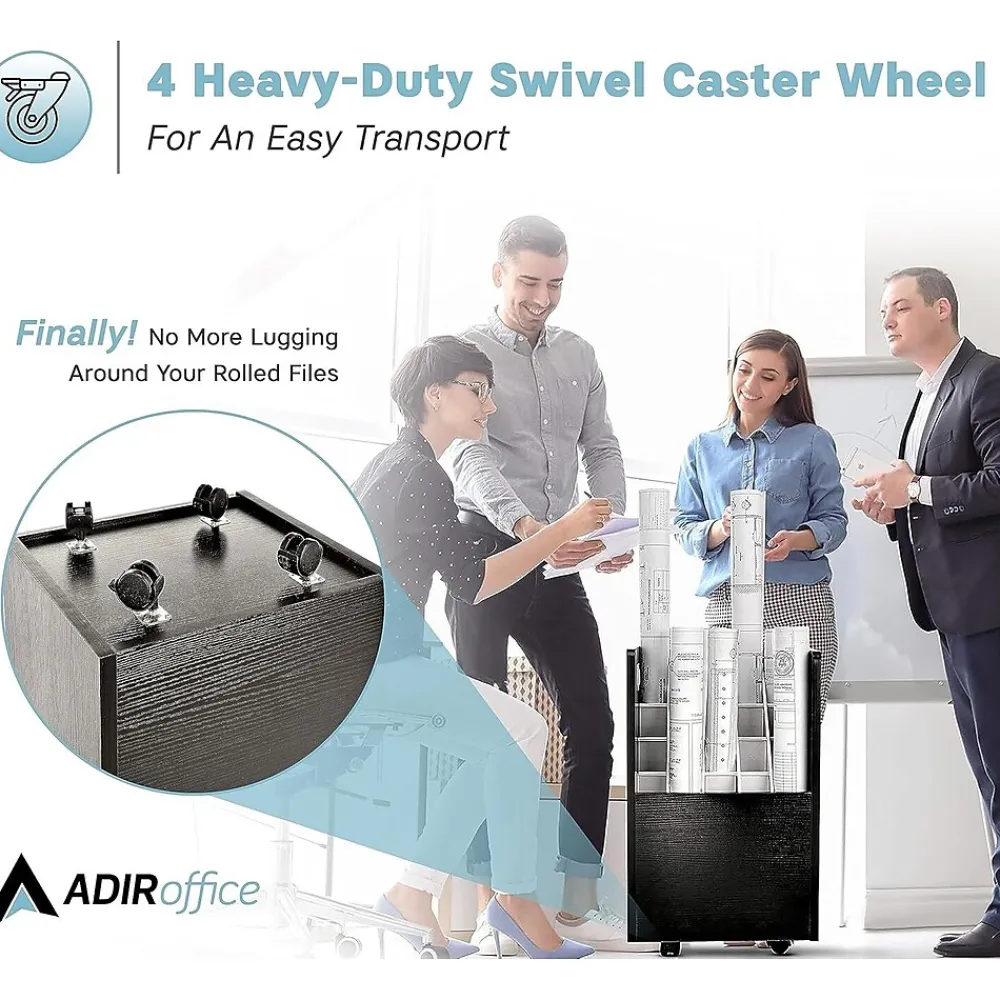 File Cabinets*AdirOffice 20-Slot Mobile Roll File, Lockable, 24.75"H x 15.25"W x 13.25"D, Black (624-BLK-KIT1)