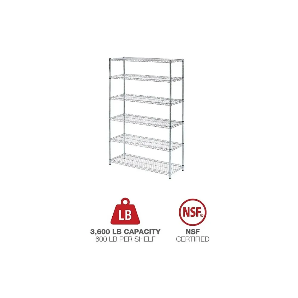 Shelving*Alera 6-Shelf Commercial Wire Shelving Kit, 72"H x 48"W x 18"D, Silver (ALESW664818SR)