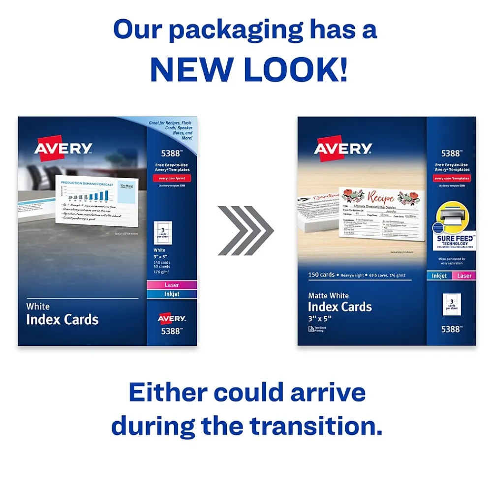 Index Cards*Avery Index Cards, 3" x 5", Matte White, Laser/Inkjet, 150/Pack (05388)