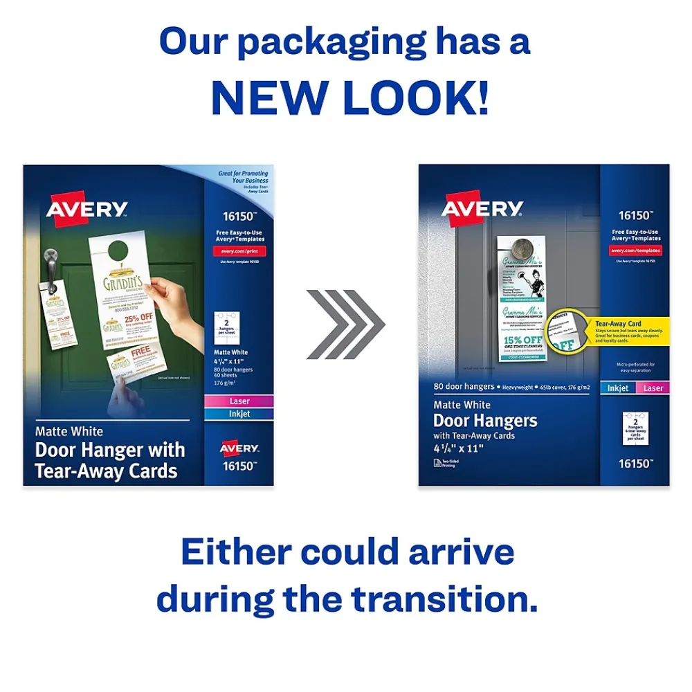 Business Cards*Avery Printable Door Hangers with Tear-Away Cards, 4 1/4" x 11", Matte White, Laser/Inkjet, 80/Pack (16150)