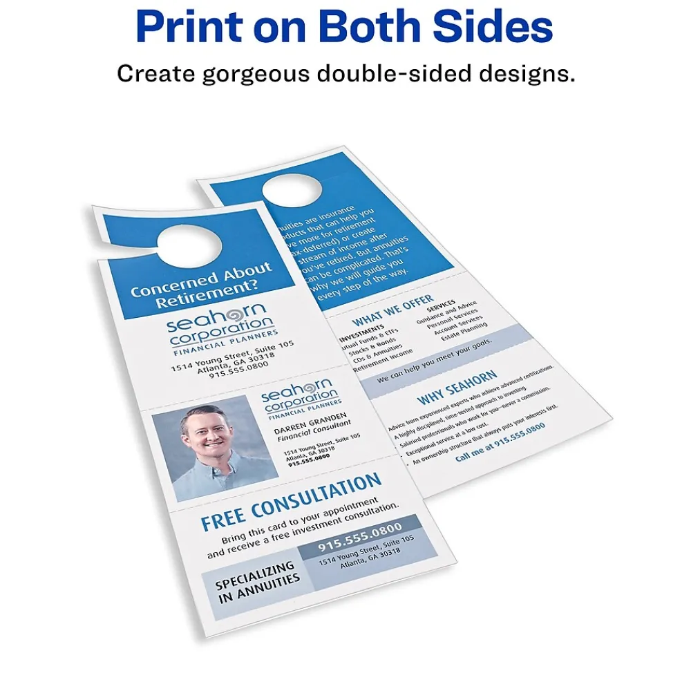 Business Cards*Avery Printable Door Hangers with Tear-Away Cards, 4 1/4" x 11", Matte White, Laser/Inkjet, 80/Pack (16150)