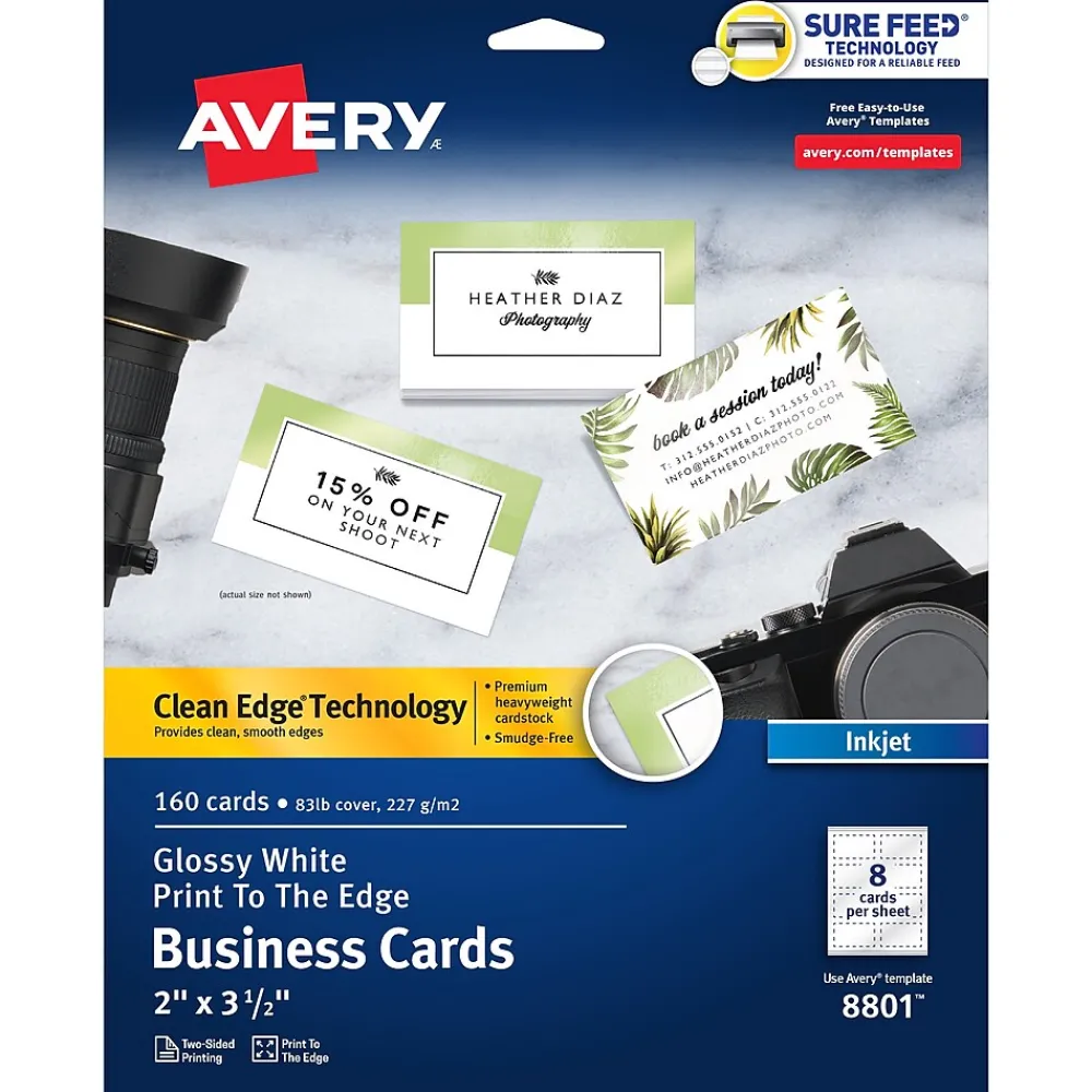 Business Cards*Avery Sure Feed Business Cards, 2" x 3.5", Glossy White, 8 Cards/Sheet, 20 Sheets/Pack, 160 Cards/Pack (8801)