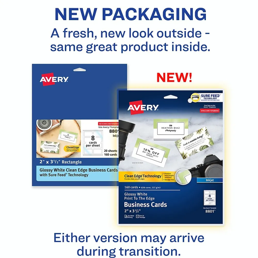 Business Cards*Avery Sure Feed Business Cards, 2" x 3.5", Glossy White, 8 Cards/Sheet, 20 Sheets/Pack, 160 Cards/Pack (8801)