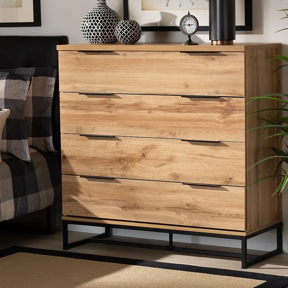 Storage Cabinets*Baxton Studio Reid 38.98" High 4-Drawer Dresser, Oak and Black (162-10296-HiT)