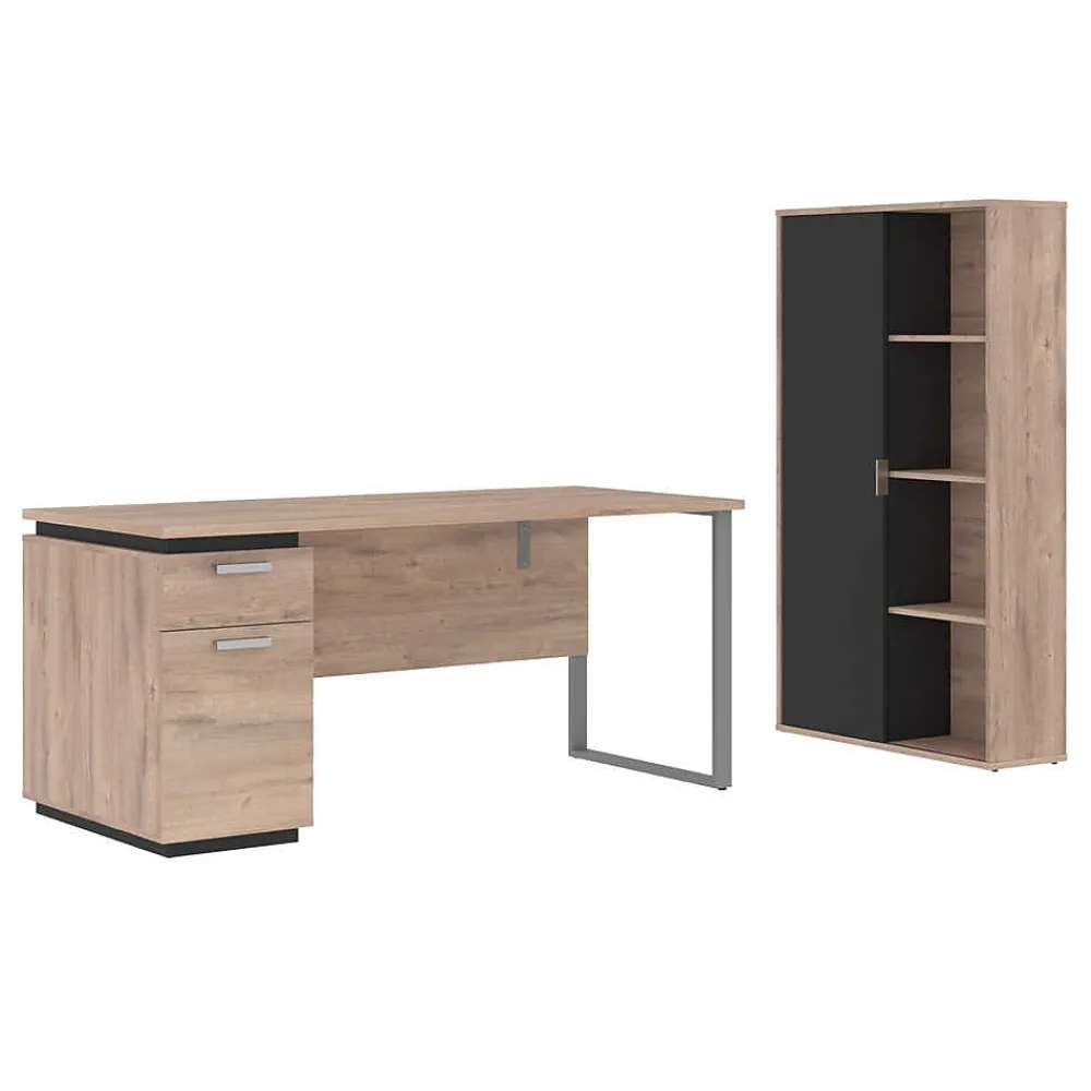 Computer Desks*bestar Aquarius 66" Computer Desk with Single Pedestal and Storage Cabinet, Rustic Brown/Graphite (114850-000009)
