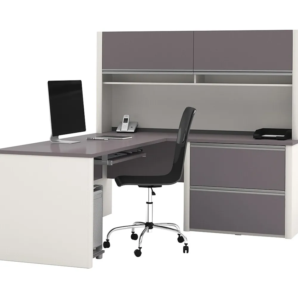 L-Desks*bestar Connexion Collection 71"W L-Shaped Desk with Oversize Pedestal and Hutch, Sandstone and Slate (93867-59)