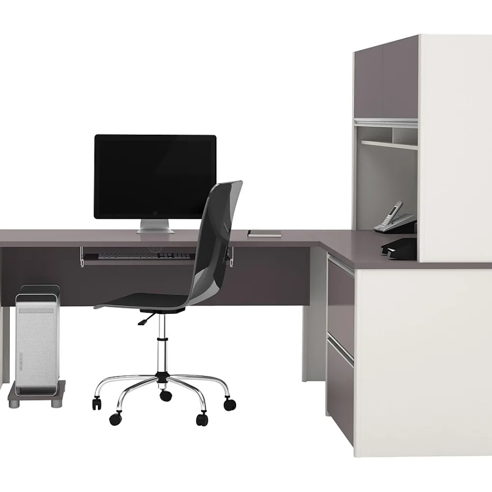 L-Desks*bestar Connexion Collection 71"W L-Shaped Desk with Oversize Pedestal and Hutch, Sandstone and Slate (93867-59)