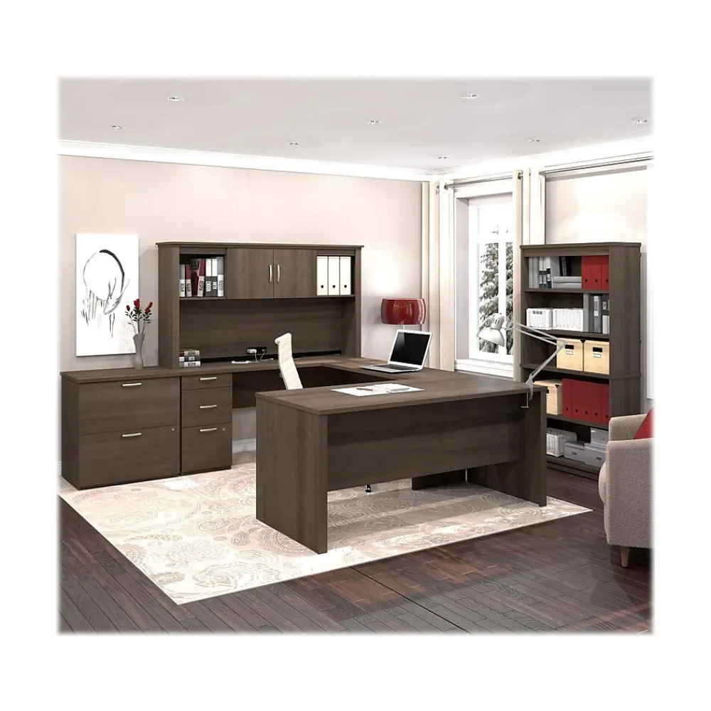 Office Desks*bestar Logan 66" U-Shaped Executive Desk with Hutch, Lateral File Cabinet, and Bookcase, Antigua (46851-52)