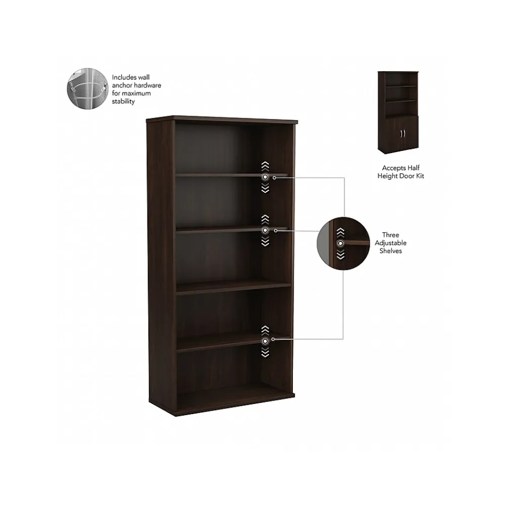 Bookcases*Bush Business Furniture Hybrid 73"H 5-Shelf Bookcase with Doors, Laminated Wood (HYB024BW) Black Walnut