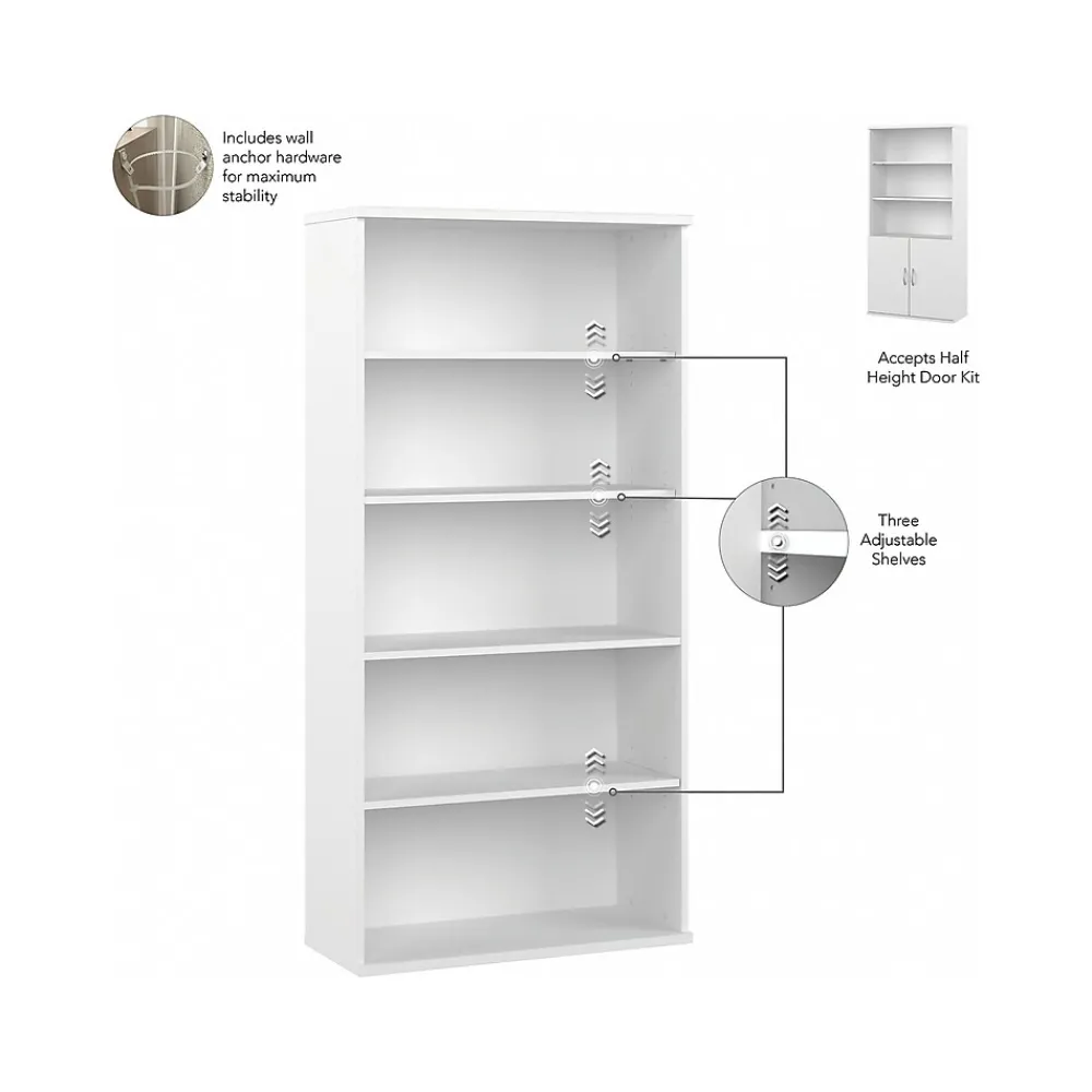 Bookcases*Bush Business Furniture Hybrid 73"H 5-Shelf Bookcase with Adjustable Shelves, Laminated Wood (HYB136WH-Z) White