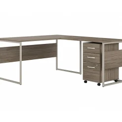 L-Desks*Bush Business Furniture Hybrid 60"W L Shaped Table Desk with Mobile File Cabinet, (HYB029MHSU) Modern Hickory