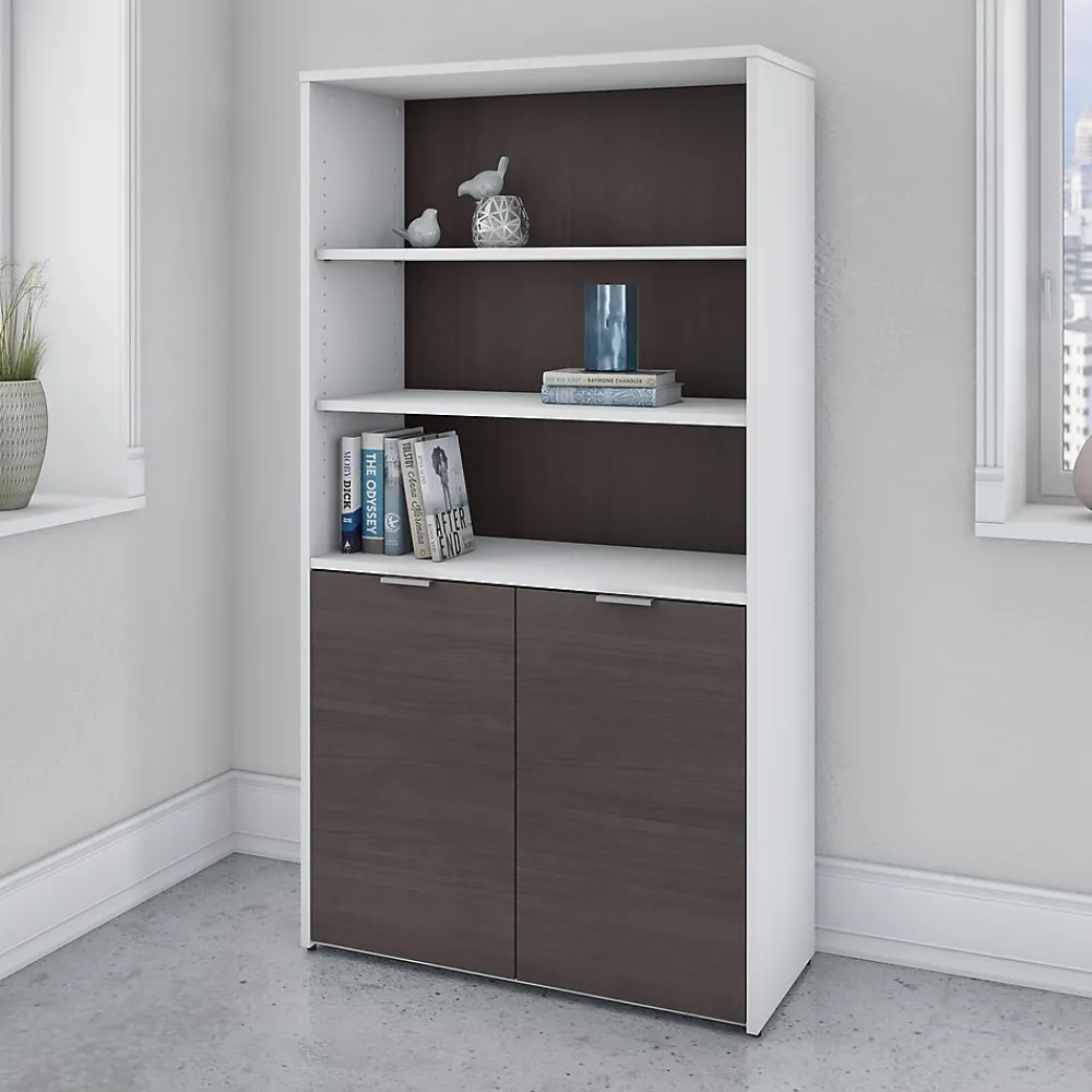 Bookcases*Bush Business Furniture Jamestown 66"H 5-Shelf Bookcase with Adjustable Shelves, Storm Gray/White Laminated Wood (JTB136SGWH)