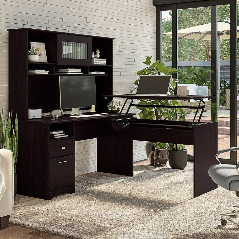 Standing Desks*Bush Furniture Cabot 60"W 3 Position Sit to Stand L Shaped Desk with Hutch, Espresso Oak (CAB045EPO)