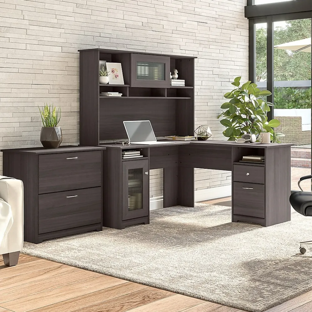 L-Desks*Bush Furniture Cabot 60"W L Shaped Computer Desk with Hutch and Lateral File Cabinet, Heather Gray (CAB005HRG)