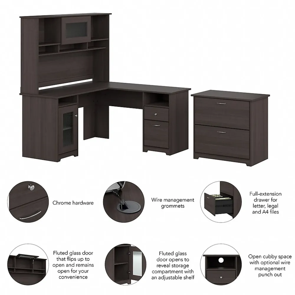L-Desks*Bush Furniture Cabot 60"W L Shaped Computer Desk with Hutch and Lateral File Cabinet, Heather Gray (CAB005HRG)