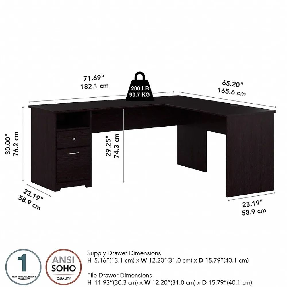 L-Desks*Bush Furniture Cabot 72"W L Shaped Computer Desk with Drawers, (CAB051EPO) Espresso Oak
