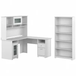L-Desks*Bush Furniture Cabot 60"W L Shaped Computer Desk with Hutch and 5 Shelf Bookcase, (CAB011WHN) White