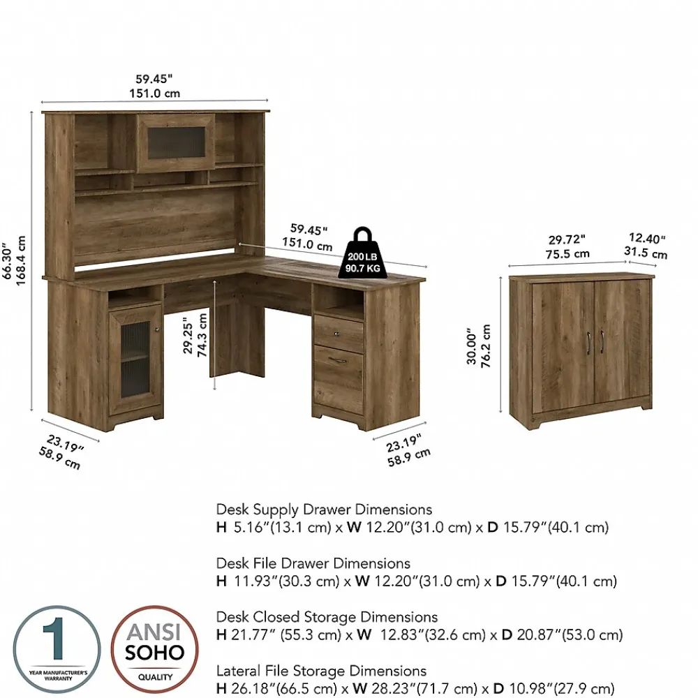 Office Desks*Bush Furniture Cabot 60"W L Shaped Computer Desk with Hutch and Small Storage Cabinet, Reclaimed Pine (CAB016RCP)