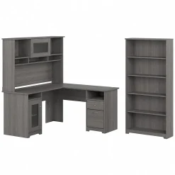 L-Desks*Bush Furniture Cabot 60"W L Shaped Computer Desk with Hutch and 5 Shelf Bookcase, (CAB011MG) Modern Gray