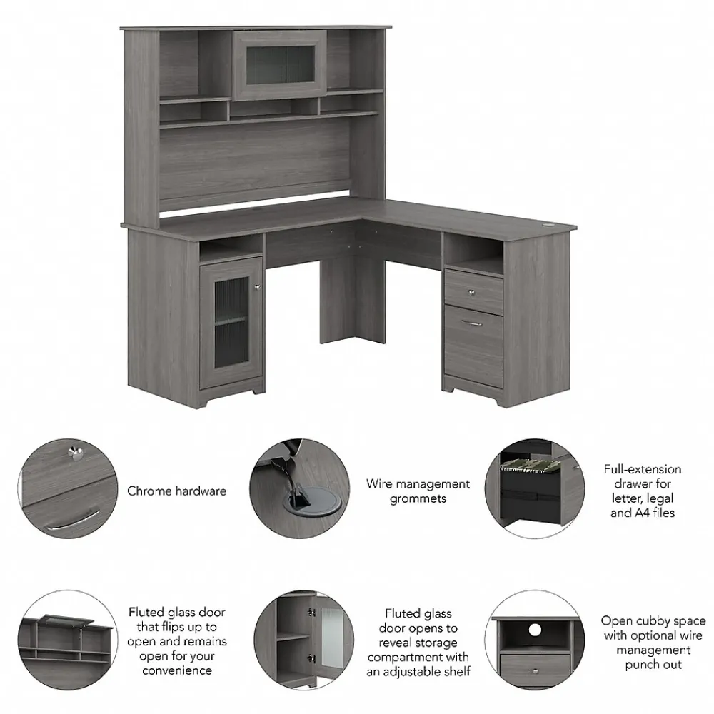 Office Desks*Bush Furniture Cabot 60"W L Shaped Computer Desk with Hutch and Storage, (CAB001MG) Modern Gray