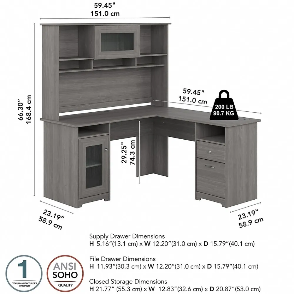 Office Desks*Bush Furniture Cabot 60"W L Shaped Computer Desk with Hutch and Storage, (CAB001MG) Modern Gray