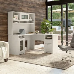 Computer Desks*Bush Furniture Cabot 60"W L Shaped Computer Desk with Hutch and Storage, (CAB001LW) Linen White Oak