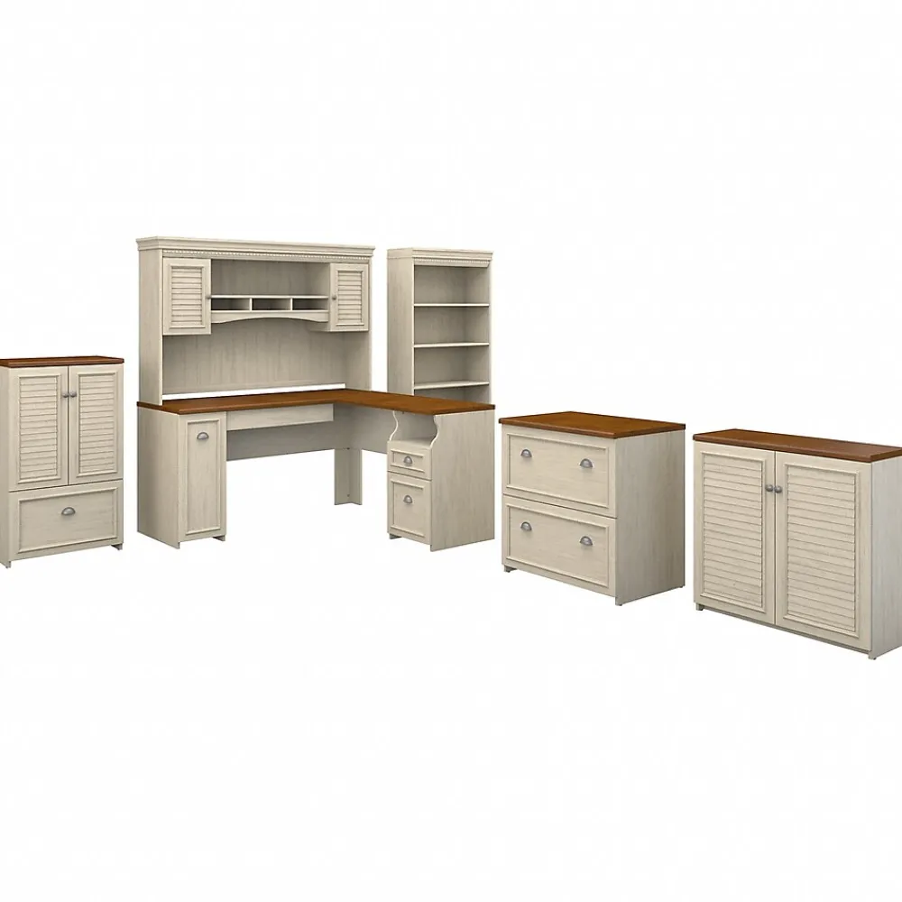 Office Desks*Bush Furniture Fairview 60"W L Shaped Desk with Hutch, Bookcase, Storage and File Cabinets, (FV014AW) Antique White/Tea Maple
