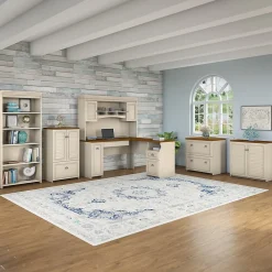 Office Desks*Bush Furniture Fairview 60"W L Shaped Desk with Hutch, Bookcase, Storage and File Cabinets, (FV014AW) Antique White/Tea Maple