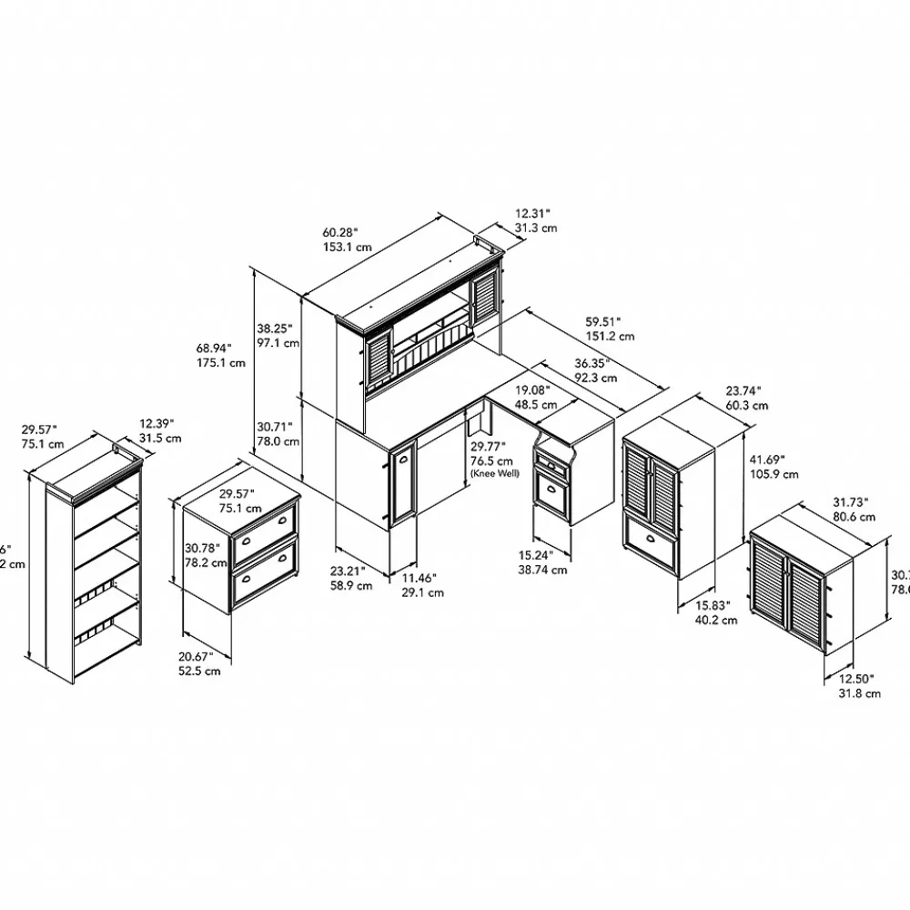 Office Desks*Bush Furniture Fairview 60"W L Shaped Desk with Hutch, Bookcase, Storage and File Cabinets, (FV014AW) Antique White/Tea Maple