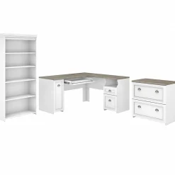 L-Desks*Bush Furniture Fairview 60"W L Shaped Desk with Lateral File Cabinet and 5 Shelf Bookcase, (FV008G2W) Shiplap Gray/Pure White