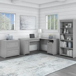 L-Desks*Bush Furniture Fairview 60"W L Shaped Desk with Lateral File Cabinet and 5 Shelf Bookcase, (FV008CG) Cape Cod Gray