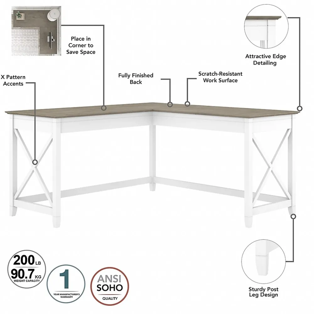 L-Desks*Bush Furniture Key West 60" L-Shaped Desk with Mid-Back Tufted Office Chair, Shiplap Gray/Pure White (KWS045G2W)