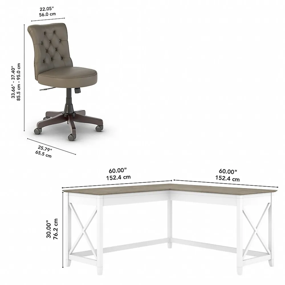 L-Desks*Bush Furniture Key West 60" L-Shaped Desk with Mid-Back Tufted Office Chair, Shiplap Gray/Pure White (KWS045G2W)