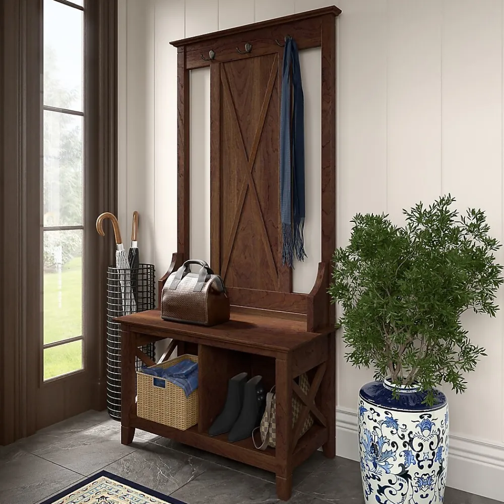 Storage Cabinets*Bush Furniture Key West 66" Hall Tree with Shoe Storage Bench, Bing Cherry (KWS166BC-03)
