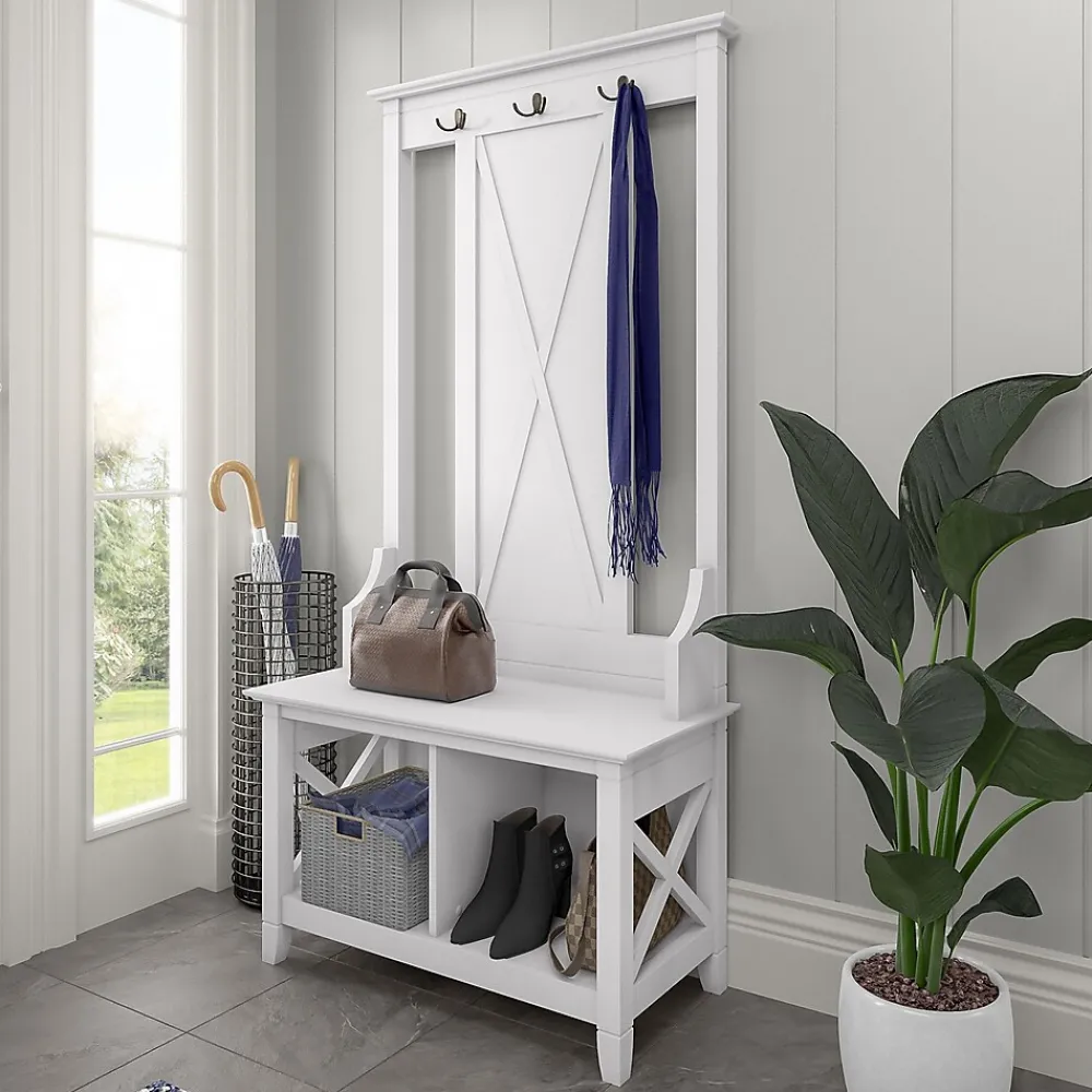 Storage Cabinets*Bush Furniture Key West 66" Hall Tree with Shoe Storage Bench, Pure White Oak (KWS166WT-03)